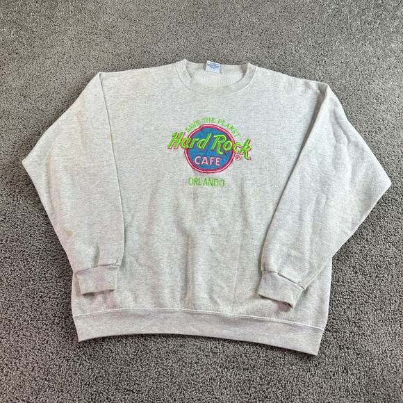 VINTAGE Hard Rock Cafe Sweatshirt Mens XL Orlando Gray Neon Embroidered 90s - Picture 1 of 16